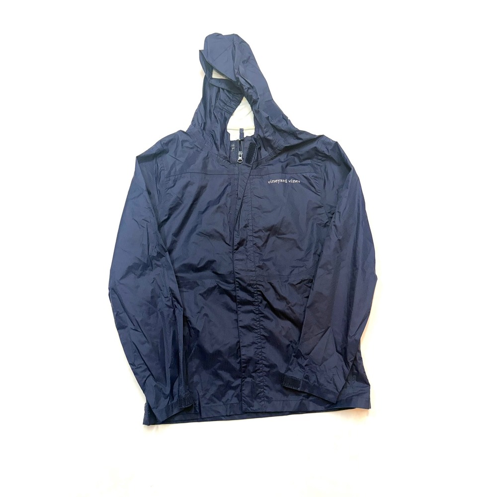VINEYARD VINES Boys XL 16-18 Navy Blue Hooded Full Zip Nylon Rain Jacket XX14